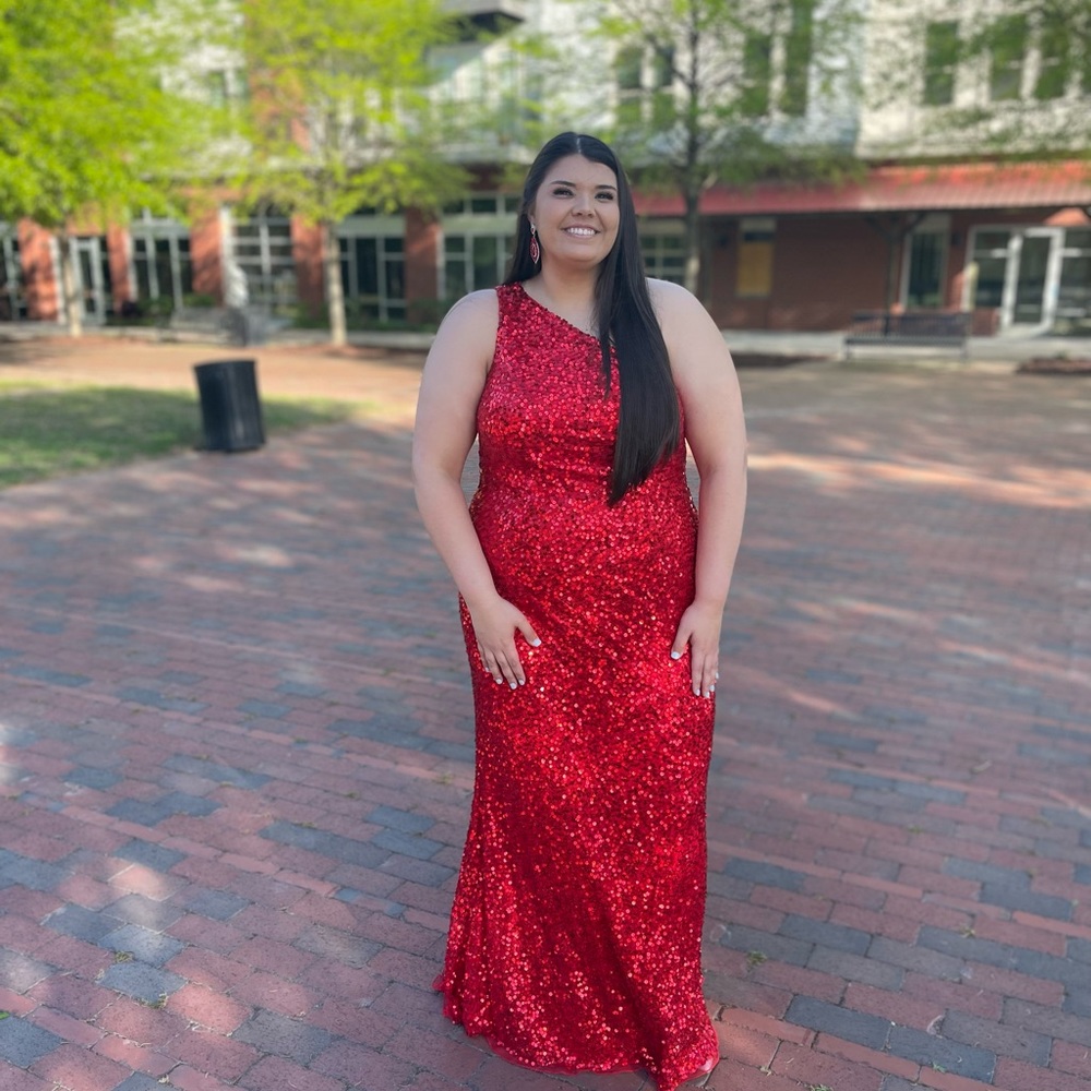 Primavera red sequin, over the shoulder floor length dress.